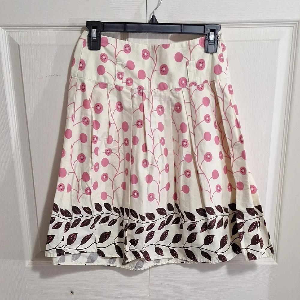 XOXO Cream Cotton Pink Floral A-Line Skirt - Brown Leaf Border - 0/0
